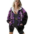 thumbnail image 4 of COEQINE Full Zip Up Jacket Oversized Fashion Sweatshirts Long Sleeve Women's Hoodie with Pockets Y2K Bat Purple Print Drawstring Casual Wear, 4XL, 4 of 7