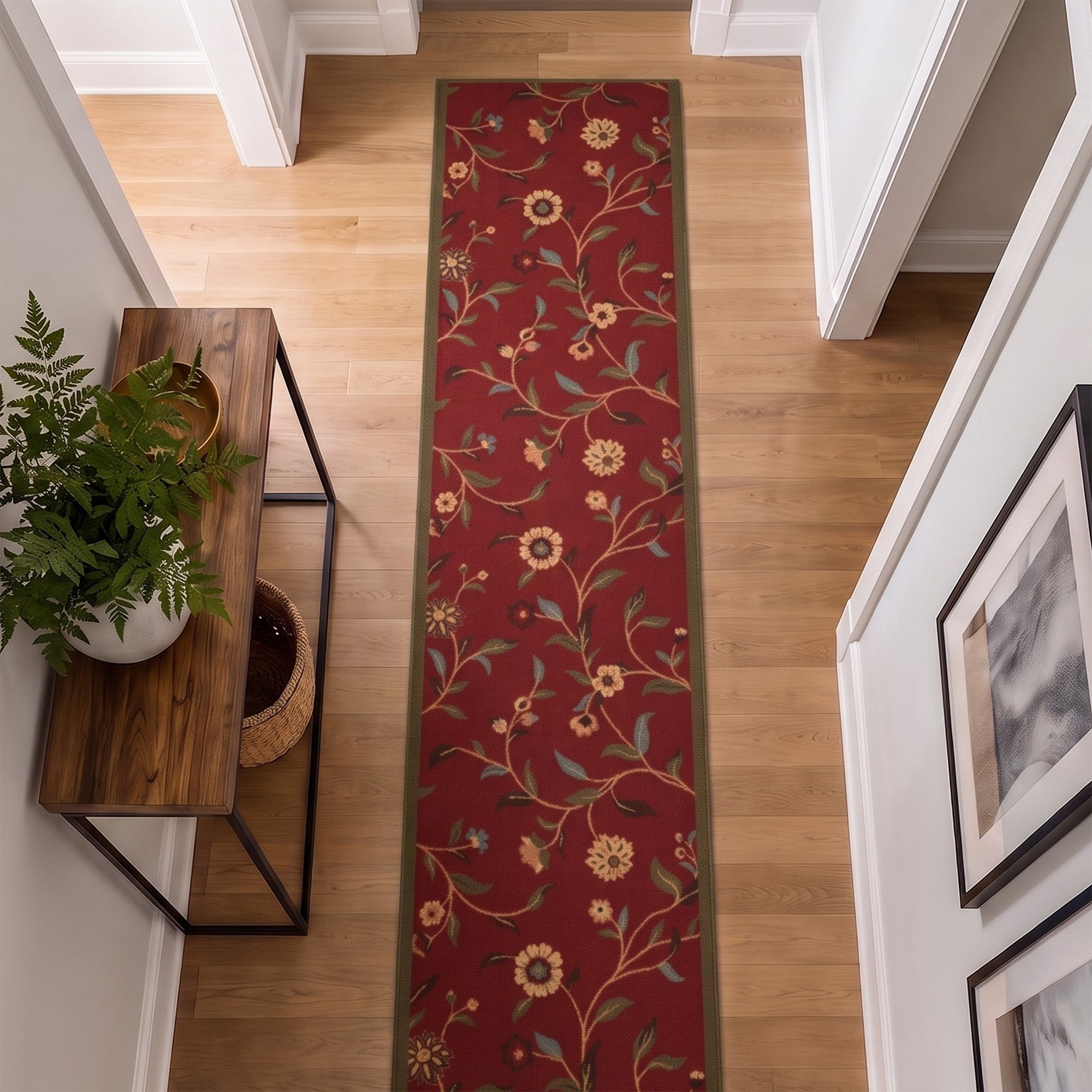 Ottomanson Extra Long Runner Rug 1'10.5" x 25' – Non-Slip Low Pile Hallway Carpet, Floral Red