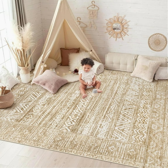 6x9 Area Rugs for Living Room: Washable Moroccan Geometric Boho Rug Farmhouse Non Slip Stain Resistant Large Rug Low Pile Soft Carpet for Bedroom Dining Room Home Office Kids Room (Light Brown,6'x9')