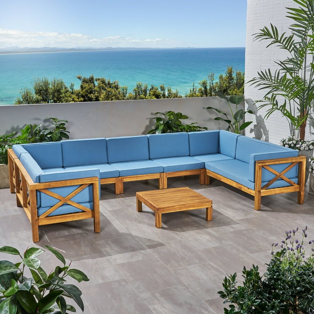 Isabella Outdoor 9 Seater Acacia Wood Sectional Sofa Set, Teak Finish and Blue - Walmart.com 