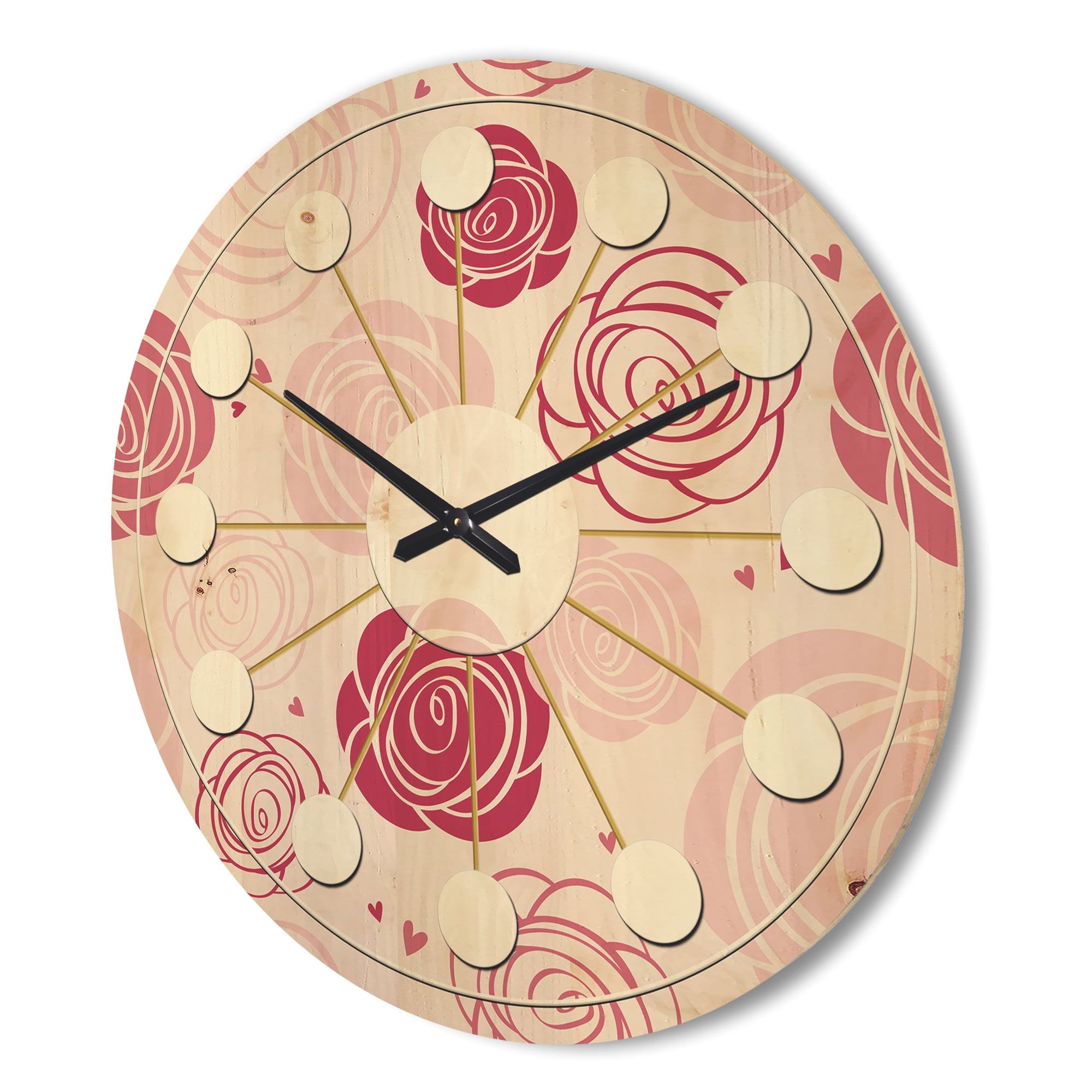 Designart 'Roses Retro Pattern' Mid-Century Modern Wood Wall Clock