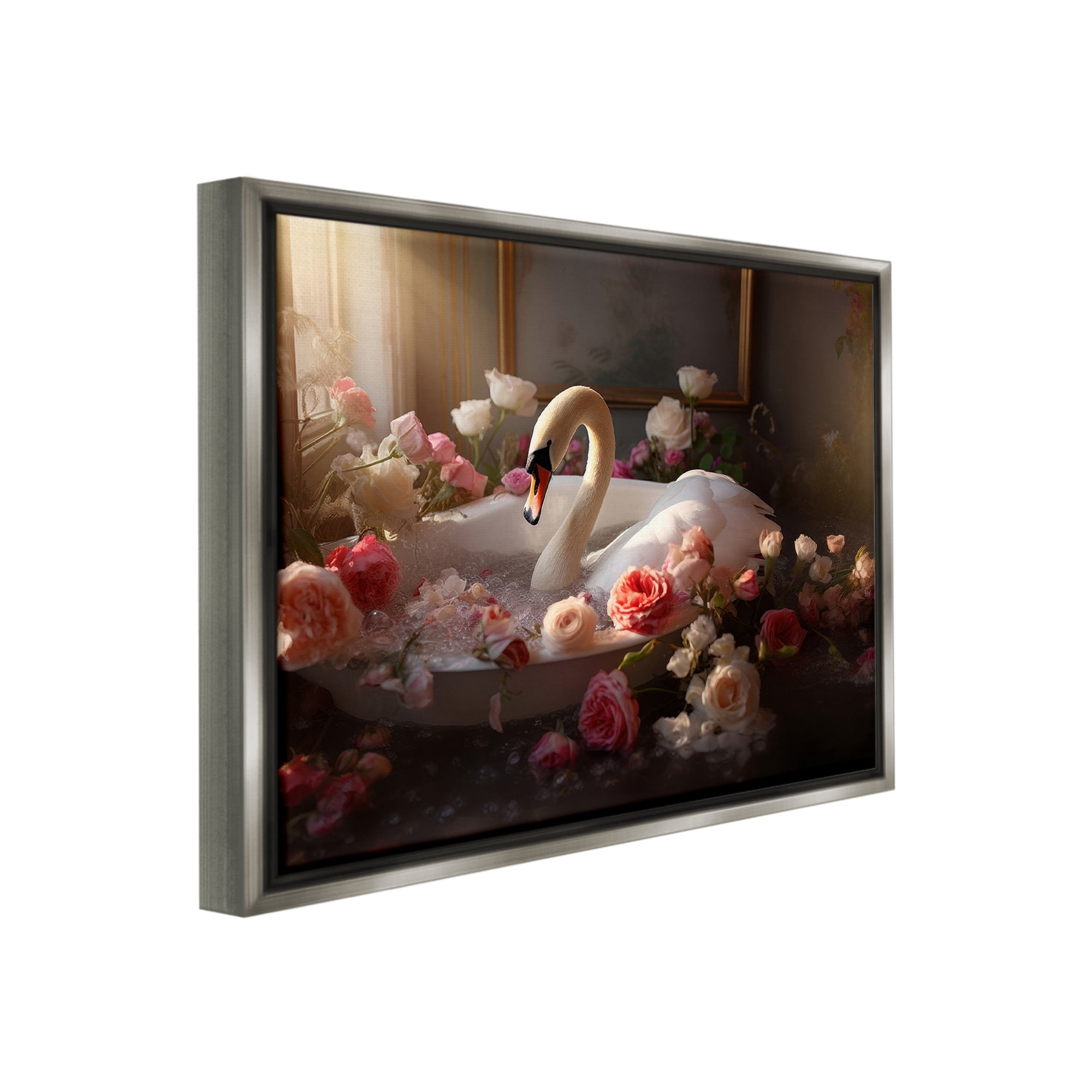 Stupell Industries Swan & Bathroom Roses Animals & Insects Painting Gray Floater Framed Canvas Art Print Wall Art, 21 x 17