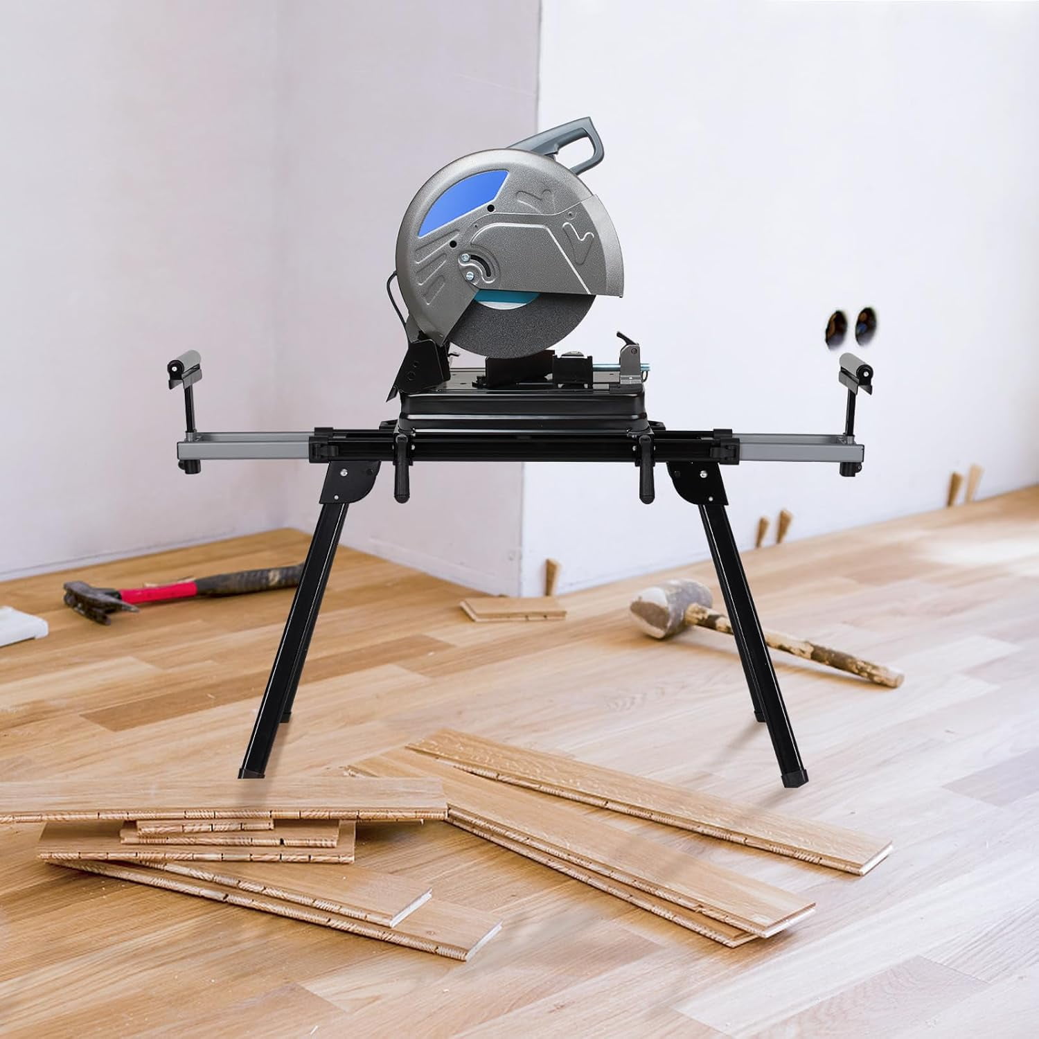 Lumiparty Professional Universal Miter Saw Stand, 440lbs Support, 76-4/5'' Max Sliding Rails & Tool-Free Adjustments, Portable & Lightweight for Job Sites, Black
