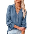 thumbnail image 2 of Camisa de punto con cuello en V para mujer, blusa informal de manga larga con cuello vuelto, Top azul L, 2 of 6