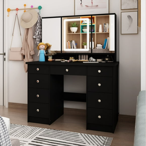 MONSLIPA Black Makeup Vanity Table Set Organizer Dressing Desk, Light Mirror, 9 Drawers, Storage Shelves