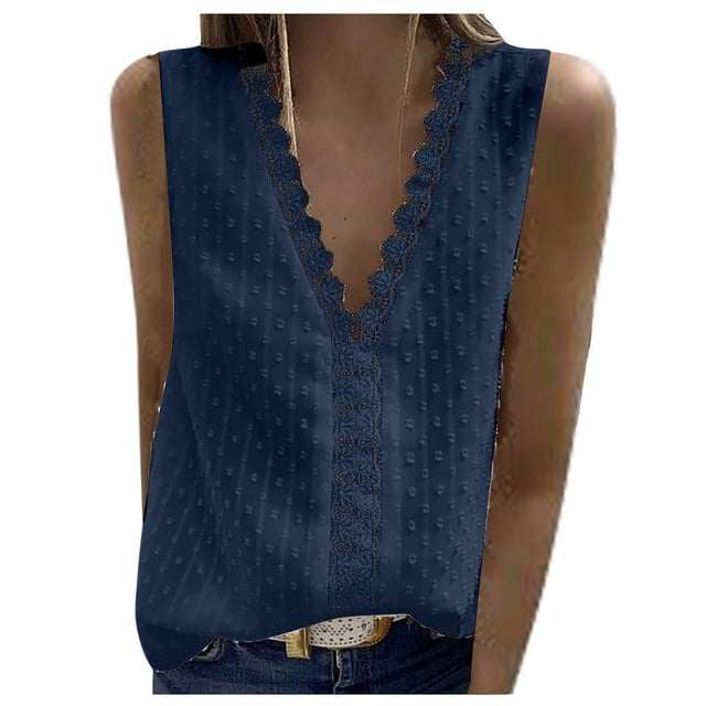LSLJS Débardeurs pour Femmes Mode Femmes Décontracté Uni Sans Manches Col en V T-Shirt en Dentelle Blouse Hauts Débardeur