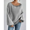 thumbnail image 3 of Women'S 2025 Fall Long Sleeve Casual Loose Striped Off Shoulder Casual Oversized Knitted Sweater Pullovers Grey S, 3 of 5
