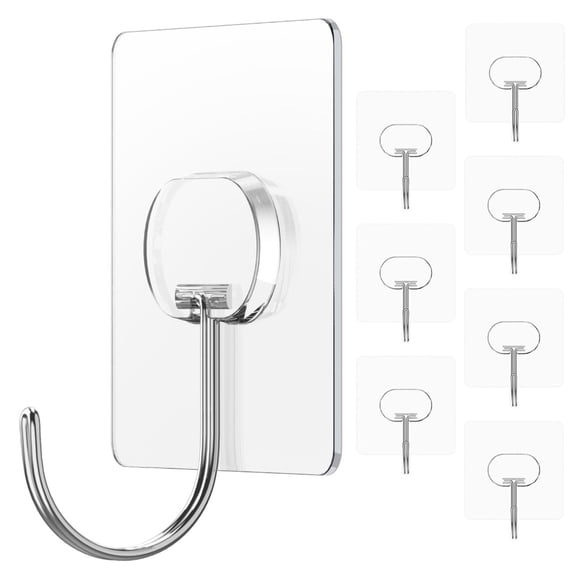 Adhesive Wall Hooks 13LB Heavy Duty No Drill Large Transparent Waterproof Hooks for Bathroom Kitchen Towel Coat 8 Pack