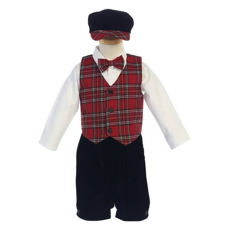 Boys Velvet - Lito Baby Boys Red Black Plaid Pattern Vest Velvet Knicker Set Outfit 3-24M
