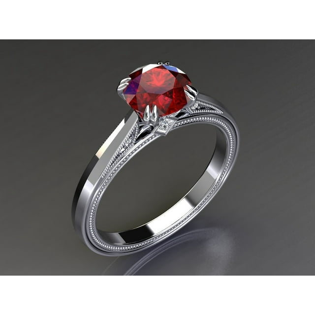Bague en Argent Sterling 925 Rubis Solitaire Bagues de Fiançailles Coupe Ronde Bague de Mariage Rubis