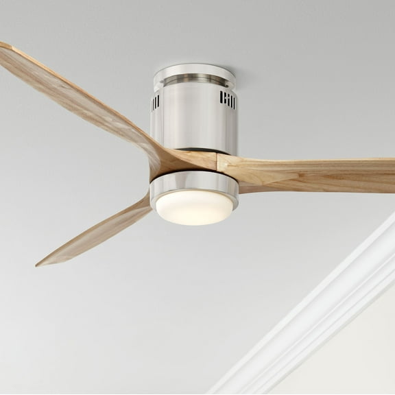 52" Casa Vieja Modern Hugger Indoor Ceiling Fan with Light LED Remote Brushed Nickel Natural Solid Wood Carved Blades for Living Room