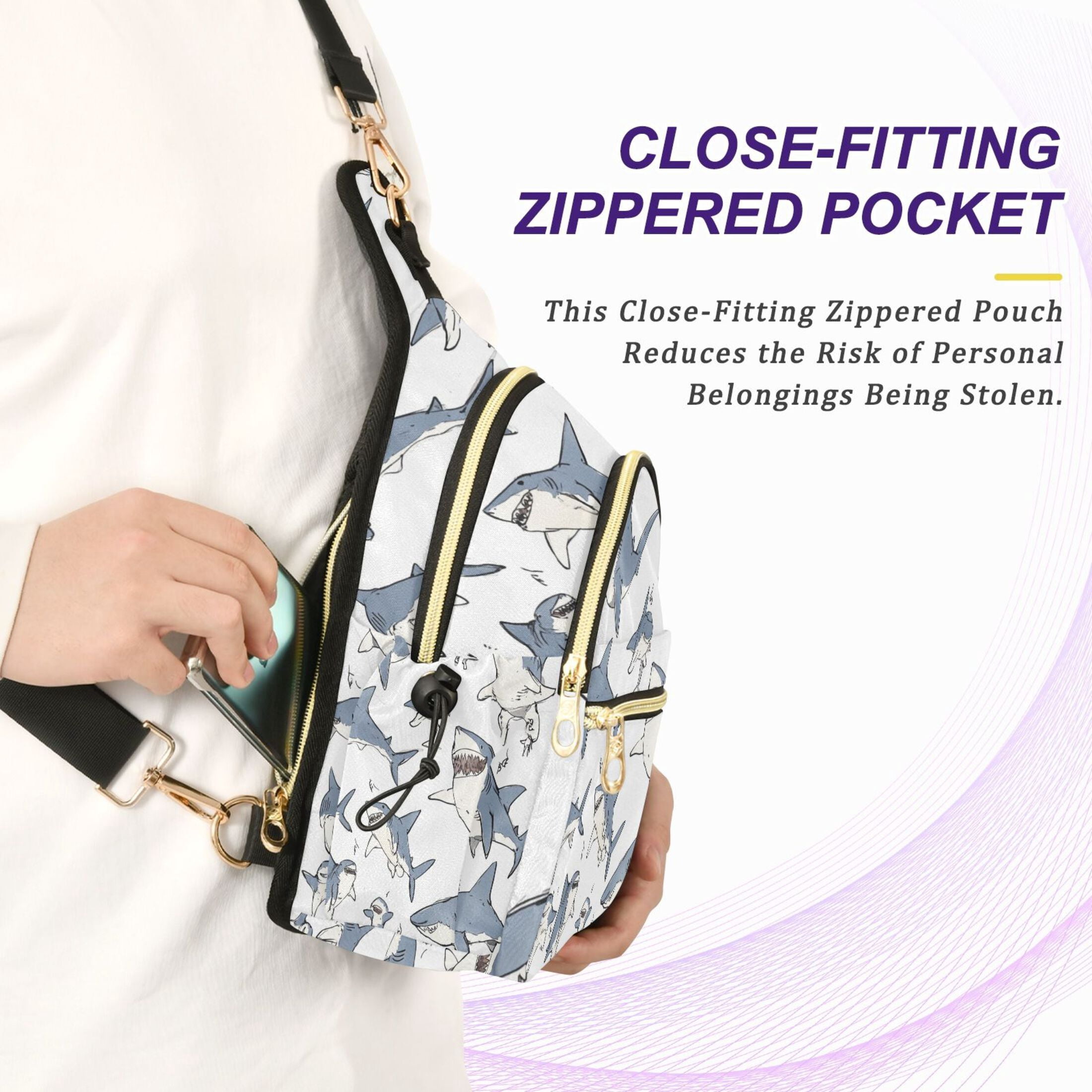 Crossbody Sling Bag for Women Shoulder Purse Trendy Daypack with Adjustable Strap Blue Shark with White Belly
