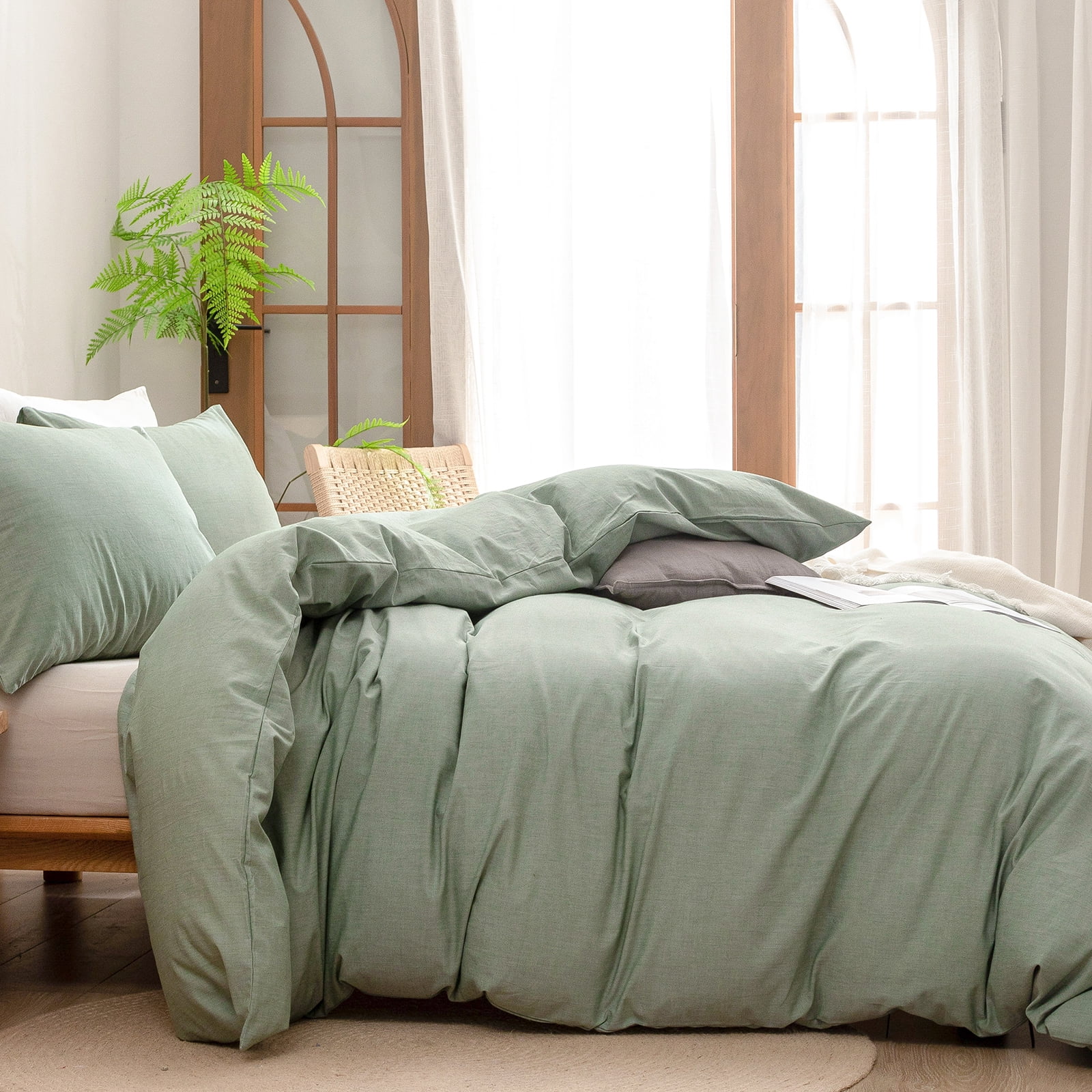 BESTOUCH Duvet Cover Set Twin 100% Washed Cotton Linen Feel Soft Chic Lightweight 2Pcs (Green, 68"x90")