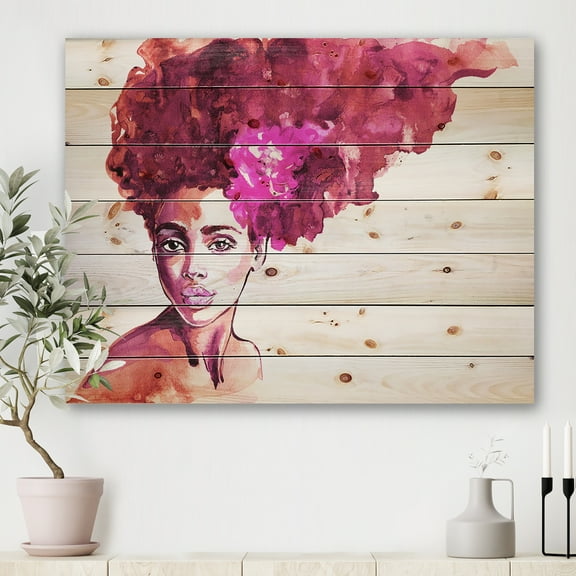 Designart 'Portrait of Afro American Woman VI' Modern Print on Natural Pine Wood