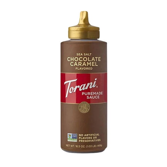 Torani Chocolate Salted Caramel Puremade Sauce Squeeze Bottle cs 8/16.5 oz