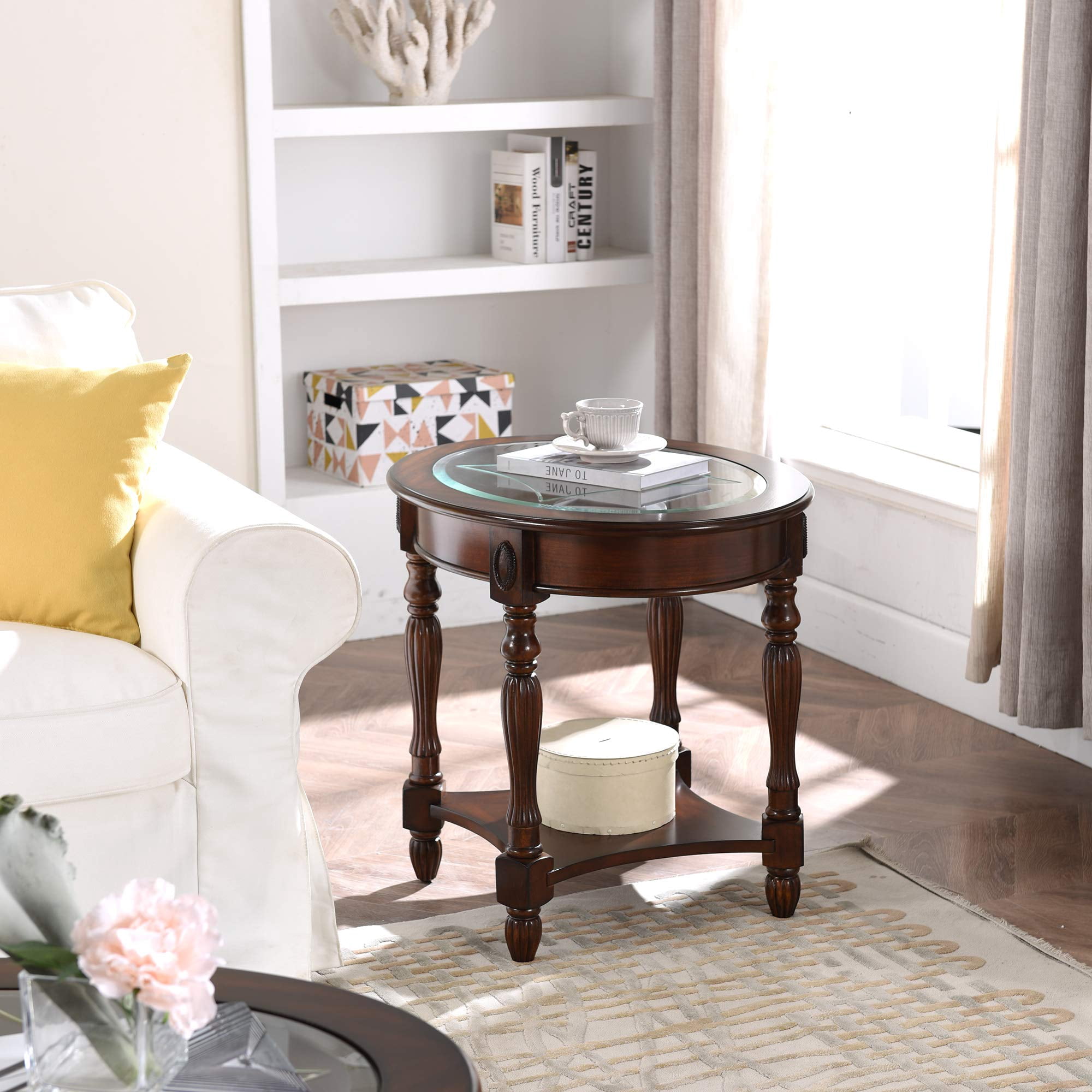 JESONVID Traditional Solid Wood Oval End Table with Tempered Glass Top，2 tier Side Table for Living Room Bedroom,Cherry Walnut