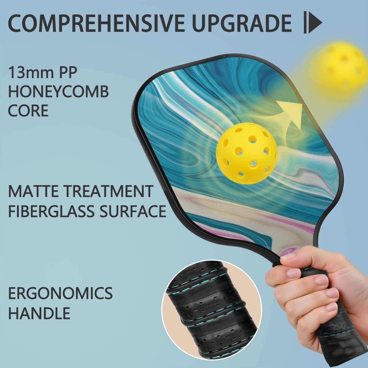 Pickleball Paddles Set Of 2, Fiberglass Surface, Liquid & Marble Print, 4 Balls & Bag