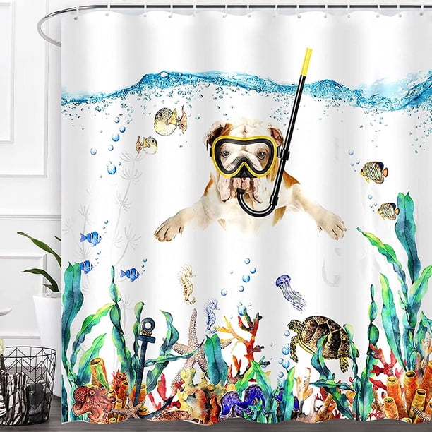 Cortina de Ducha para Cachorros Amarillos de Buceo, 180 x 180 cm, Perro Buceador, Animales del océano, Peces, Patrón de Algas Marinas, Cortina de Ducha de poliéster Resistente al Agua, Accesorios de b