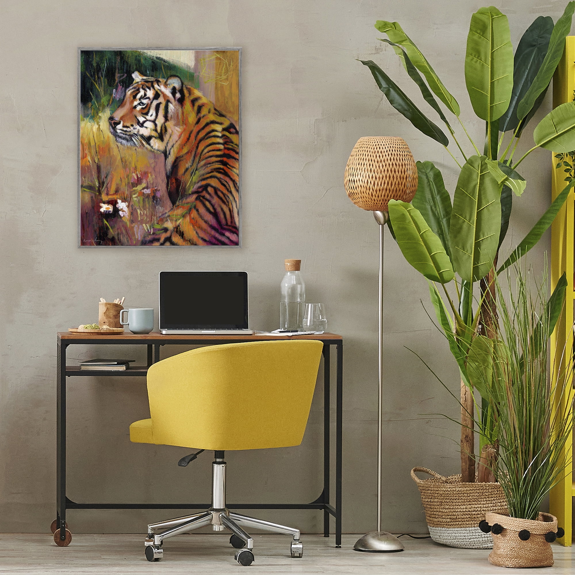 Stupell Industries Patience Tiger in Wait Gray Framed Giclee Art, design by Karen Chang