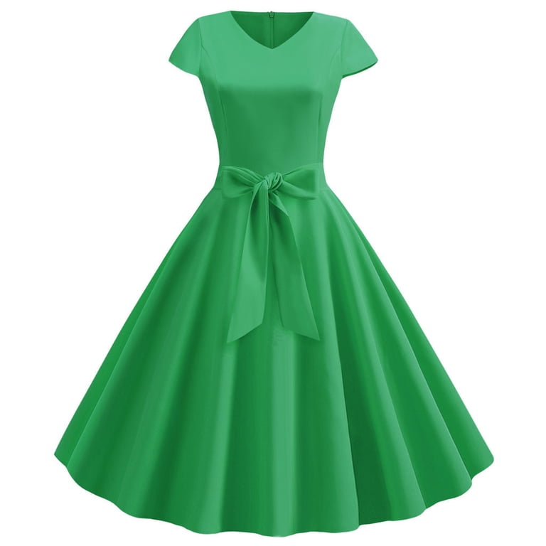 Retro Vintage 1950s A Line Dress Rockabilly Swing Dress Cap Sleeve Bow Plain V Neck Women's Masquerade Cocktail Party Tea Party Casual Daily Adults'