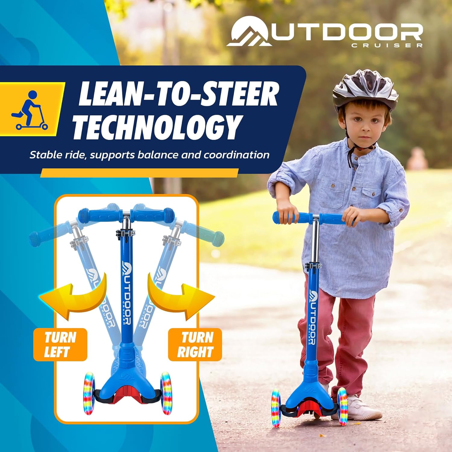 Outdoor Cruiser 3-Wheel Kids Scooter – with Lean-to-Steer Technology, Wide Deck, Led Lighted Wheel, 4-Level Adjustable Height T-bar Handle, Support Kids Up to 150 Lbs, for Boys & Girls Ages 3-8, Blue