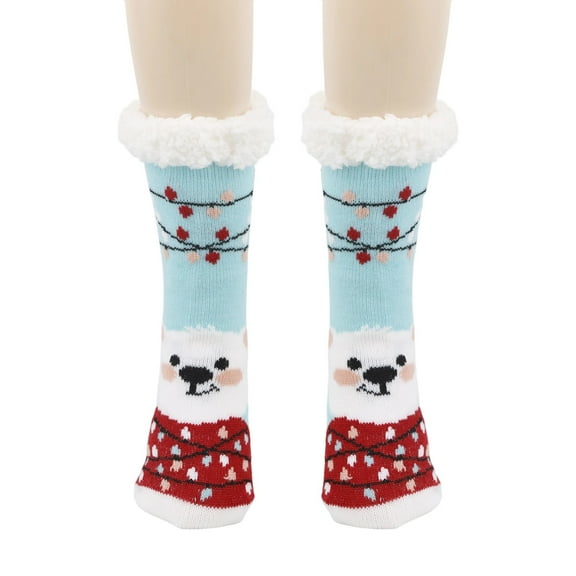 Sunvit-Panties Christmas Acrylic Socks for Women (Blue) - Warm Fluffy Cuff Mid-Calf Socks with Polar Bear & Christmas Light Pattern, One Size, Festive Holiday Home/Gift Wear,Size Free Size
