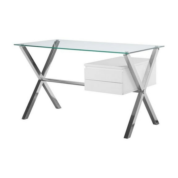 Tia 51 Inch Small Office Desk, Glass Tempered Top, 2 Drawers, White Finish