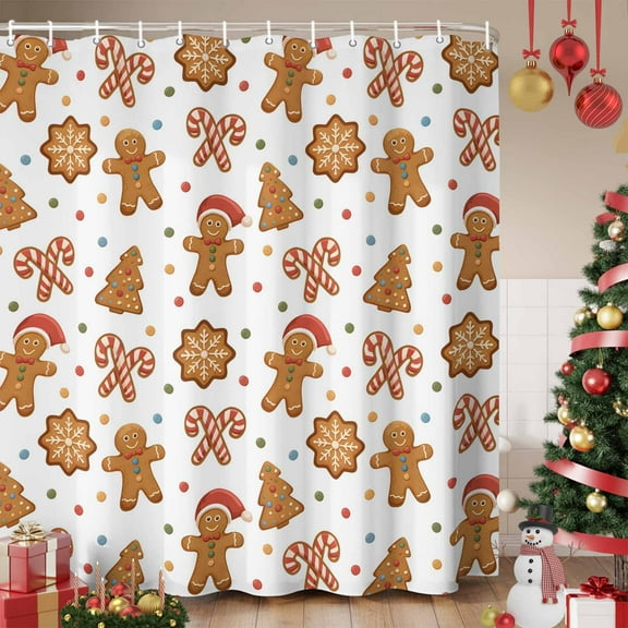 Christmas Gingerbread Shower Curtain, Xmas Winter Cute Cane Candy Tree Waterproof Fabric Shower Curtains with 12 Hooks, Bathroom Curtain Set for Bathroom Accessories Decor, 72 x 96 Inches