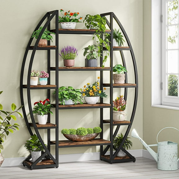 Tribesigns Plant Stand Indoor, Large Wide Metal Plant Shelf, Industrial Tall Curved Flower Pot Stand for Living Room, Balcony, Patio (Brown)