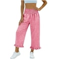 thumbnail image 2 of Women's Plaid Flare Pants Summer Elastic Waist Ruffle Hem Wide Leg Cropped Capri Pants Women Casual Checkered Loose Fits Lightweight Comfy 7/8 Length Trousers, 2 of 6