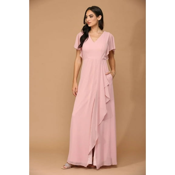 Women's Eva USA 3442 Long Formal Ruffle Sleeve Chiffon evening elegant Dress Dusty Rose Pink 5XL