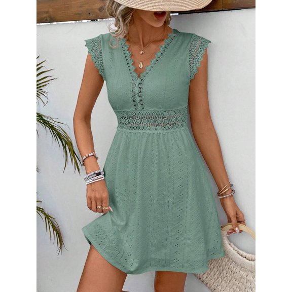 Green Eyelet Lace V-Neck Short Sleeve A-Line Mini Dress