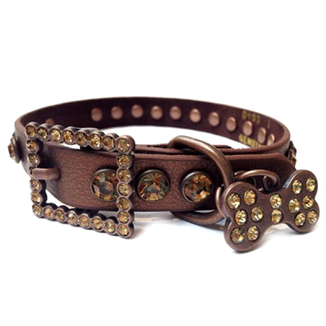 Copper Brown Leather Dog Collar with a Row of High Quality Topaz Brown