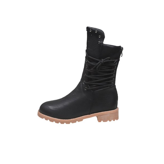 LOVZFMLL Bottes pour Femmes Mi-Mollet Bottes d'Hiver à Lacets Bout Rond Sangles Ajustables Talon Bas Épais Décontractées Mode Automne Chaussures