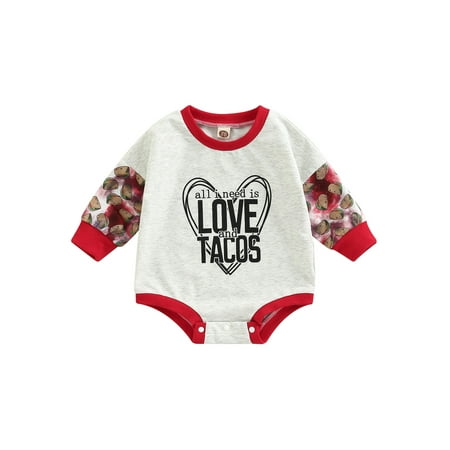 

Wassery Newborn Infant Baby Boy Romper Long Sleeve Crew Neck Heart Stripes Taco Print Fall Bodysuit for Casual Daily