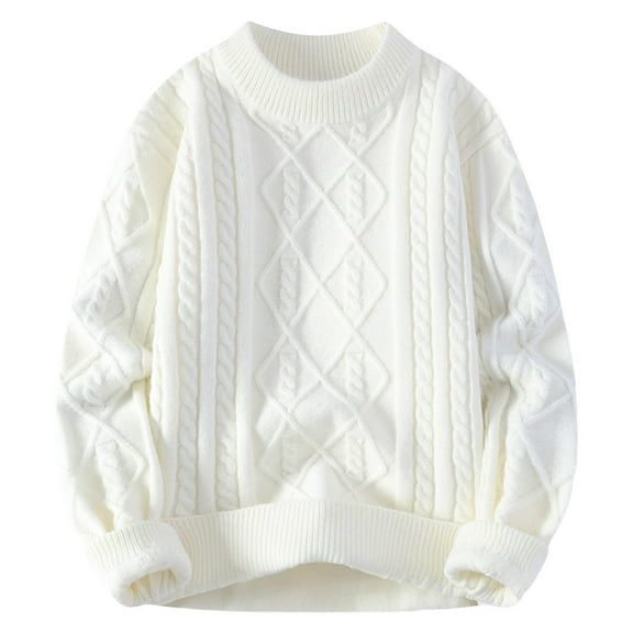 Mens Baggy Sweaters Cable Knit Crewneck Sweaters Long Sleeve Casual Plain Pullover Tops Fall Winter Clothes (XL, White)