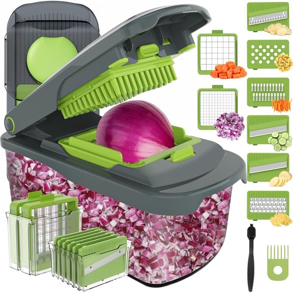 Food Chopper Manual Hand with Container, Mandolin Ve table Slicer Onion Dicer with 8 Blades, Veggie Shredder for Potato, Tomato, Essential Kitchen Gad ts (8 in 1, Gray)