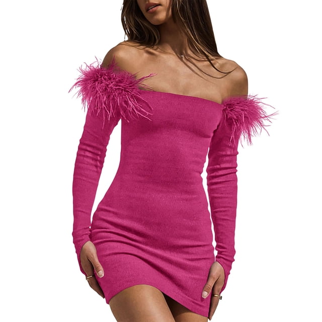 xiaxaixu Robe Moulante pour Femme, Robe à Manches Longues Épaules Dénudées, Mini-Robe Ajustée à Empiècements Duveteux
