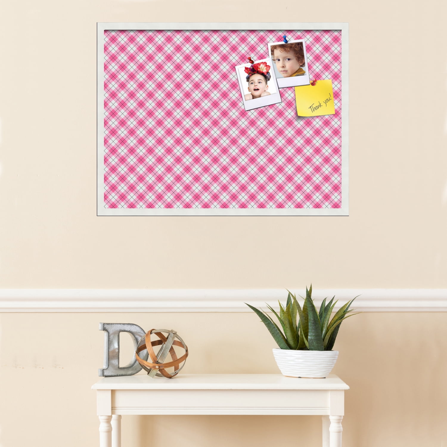 PinPix ArtToFrames 30x22 Custom Cork Bulletin Board Argyle Pink   Poster Board Has a Fabric Style Canvas Finish, Framed in Satin White Frame (PinPix-635)