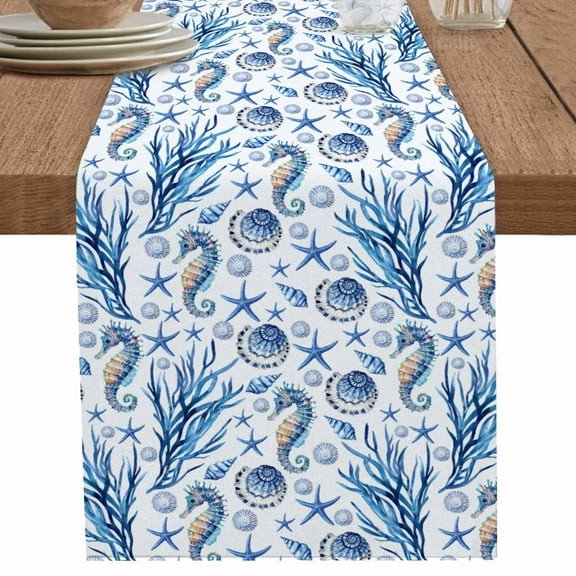 Summer Ocean Seahorse Coral Starfish on Blue Table Runner-70 Inch Long Abstract Shell Table Runners Linen Burlap Tablerunner for Kitchen Dining Room Holiday Party