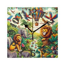 Jungle Animals Hot Air Balloon Wall Clock Square Silent Non Ticking Battery Operated Clock for Home Bathroom Kitchen Bedroom Living Room