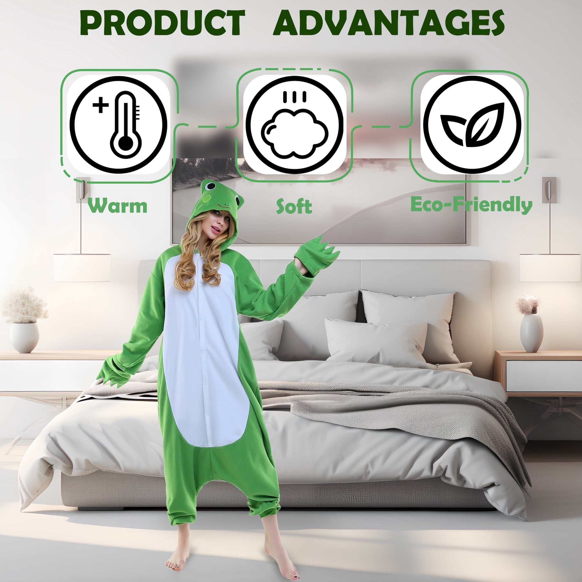 Frog Pajamas Unisex Adult CANASOUR Green Animal One-Piece Onesie Polyester Sleepwear for Women and Men Large