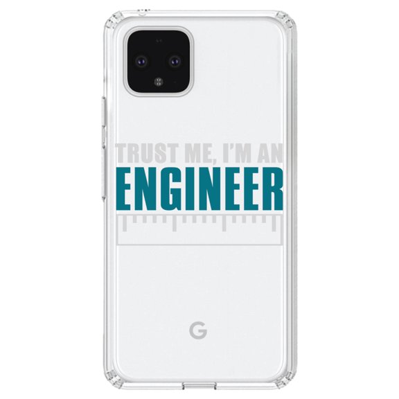 DistinctInk Clear Shockproof Hybrid Case for Google Pixel 4 (6.1" Screen) - TPU Bumper Acrylic Back Tempered Glass Screen Protector - Trust Me I'm an Engineer