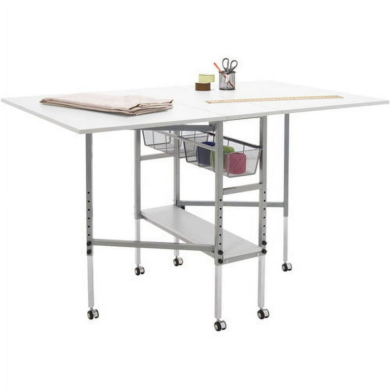 Hobby Craft 60 in. W x 36 in. D MDF Folding Fabric Cutting Table with  Drawers, Adjustable Height, Silver / White