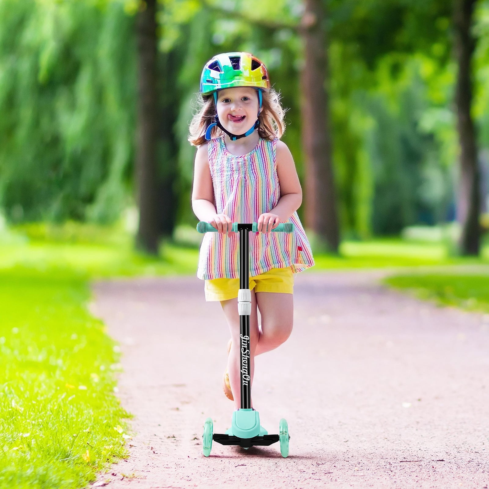 Kids Kick Scooter with Adjustable Height and Light Up Wheels, Mint Green