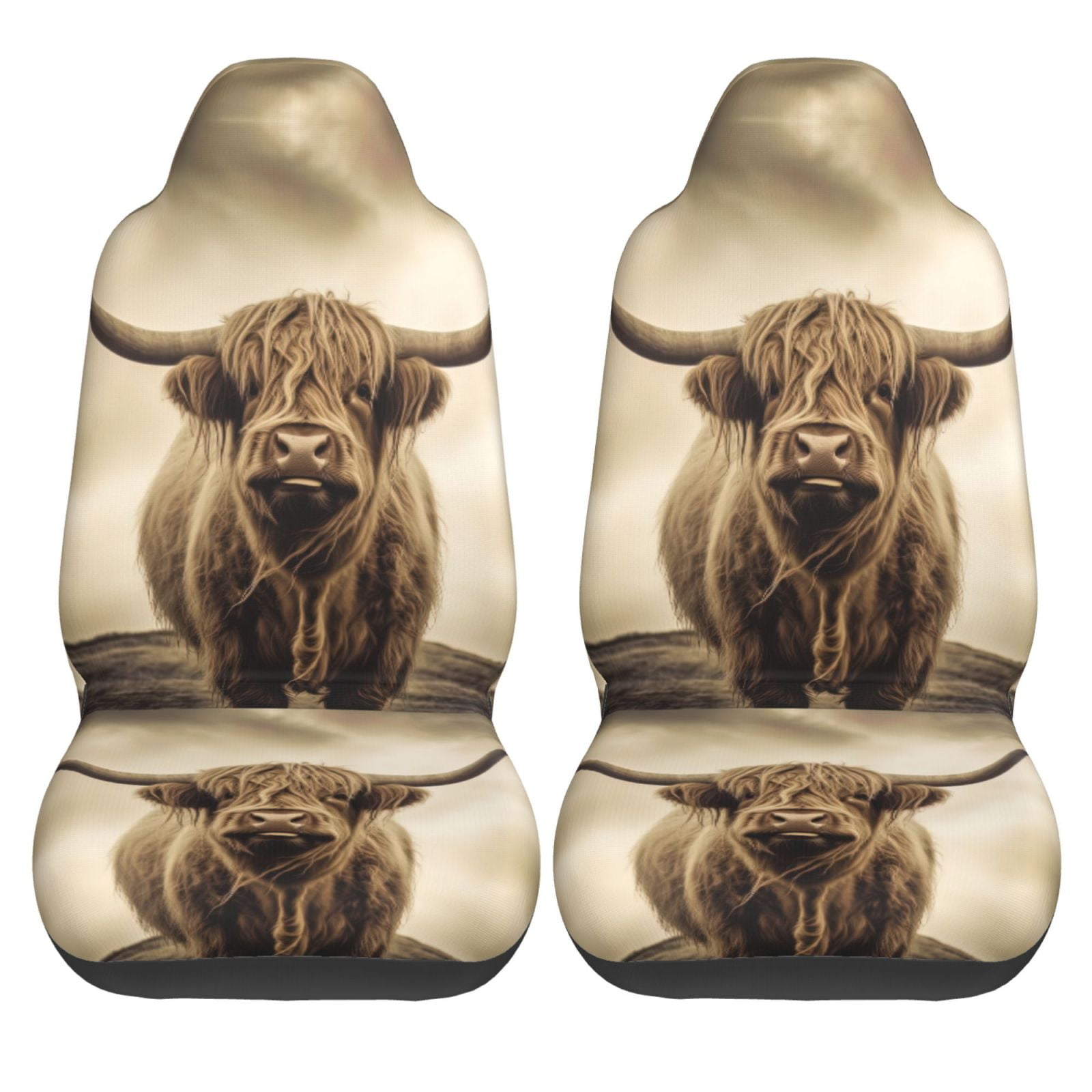 KAKALAD Long Horns Highland Cow Standing In Field 01 Car Seat Covers Set Vehicle Front Seats