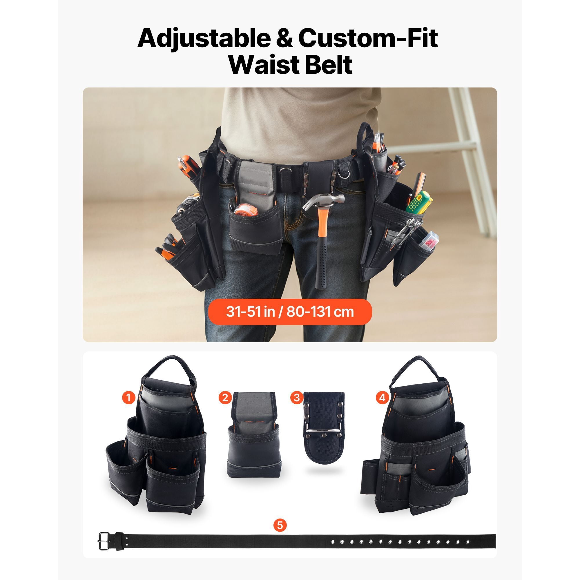 Tool Belt 18-Pockets 600D Polyester Adjustable Waist 31-51 Inch Ergonomic Comfort for Carpentry Construction