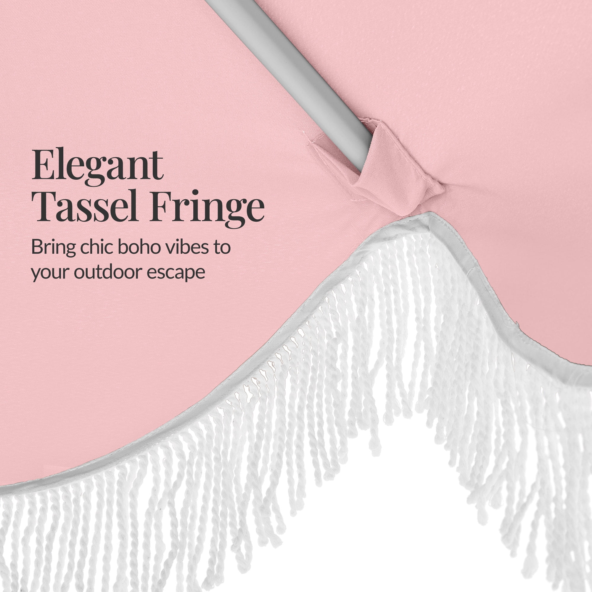 Best Choice Products 9ft Fringe Market Umbrella  Boho Patio Sunshade w/ Tilt, UPF50+ - Pink