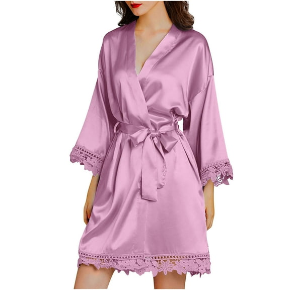 ZQUUVOU Women's Casual Homewear Long-Sleeve V-Neck Dress Color Lace Night-Robe One Size Hot Pink