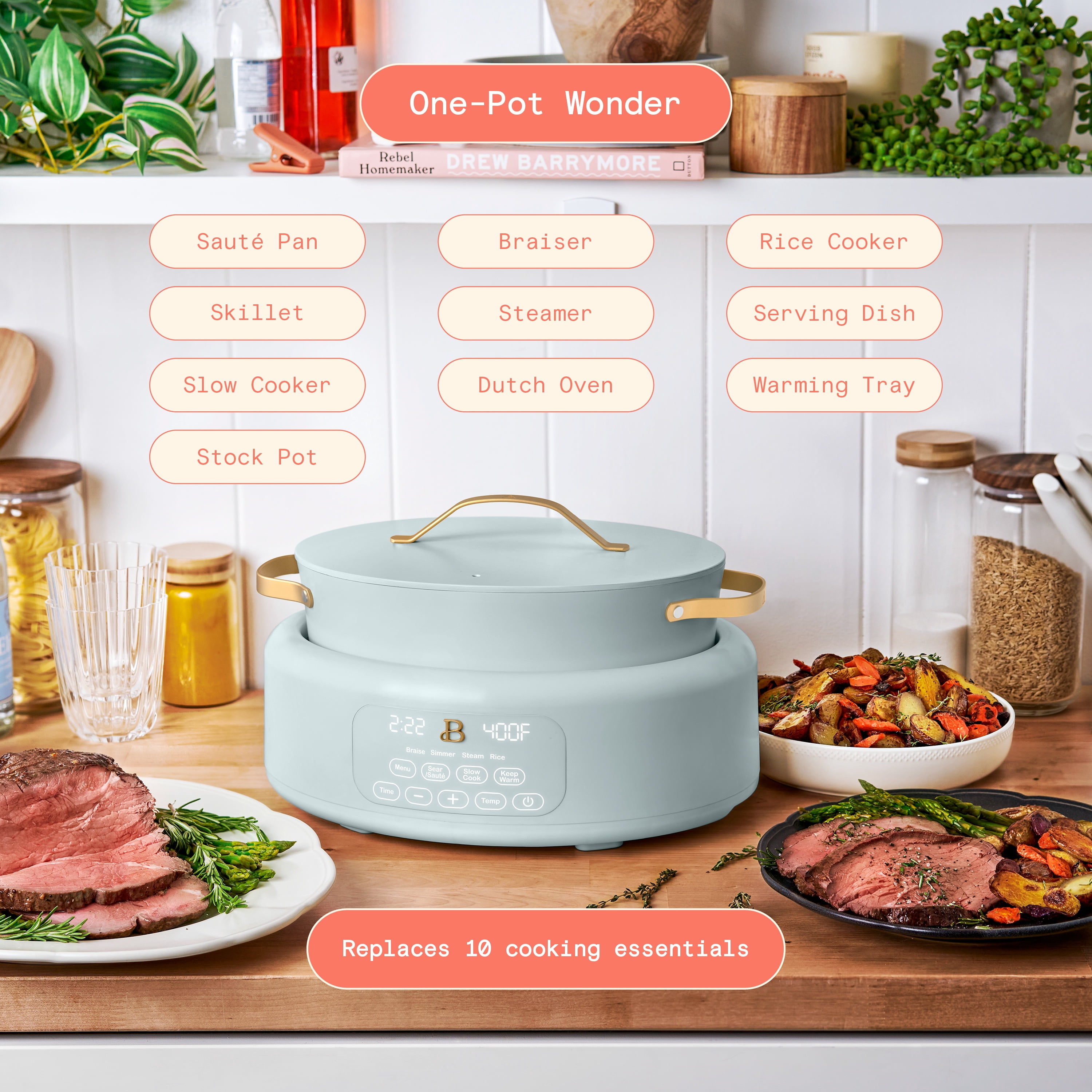 Beautiful 10-in-1, 6 Qt Electric Multi-Cooker with 7 Preset Functions, Hydrangea by Drew Barrymore